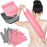 Breling 4 Pcs Shower Gloves with Loop Scrubber, Pink, Gray | Nylon Body Washcloth for Deep Exfoliation, 2 Back Scrubbers and 2 Pairs Bath Gloves for Women Men, Textured Design
