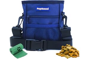 PupSensei Dog Treat Pouch, Durable Oxford Polyester, No-Spill Magnetic Closure, Treat Pouches for Pet Training with Metal Clip, Waist Belt, Adjustable Strap, Poop Bag Dispenser (Navy Blue)