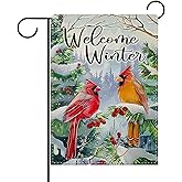 Dyrenson Welcome Winter Cardinal Decorative Garden Flag, Snowy Red Birds Pine Tree Forest Berry Yard Outside Home Decoration, Christmas Seasonal Berry Burlap Outdoor Small Decor Double Sided 12 x 18