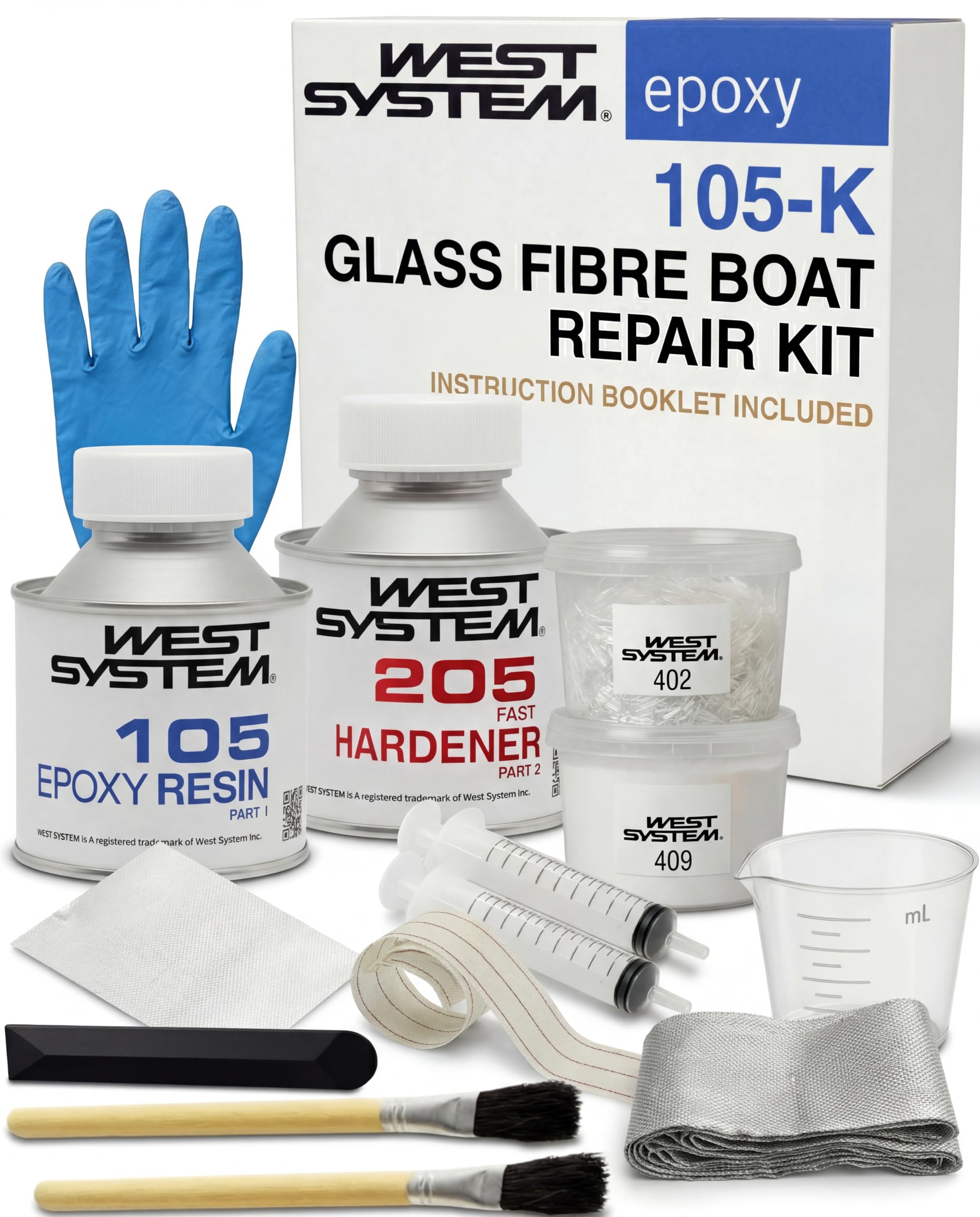 WEST SYSTEM 105-K Epoxy Resin & Hardener Fibreglass Repair Kit - Strong Marine Grade Waterproof Epoxy, Repair Kits for Fibreglass Boats - Includes Gloves, Tape, 2x Brushes & Syringes
