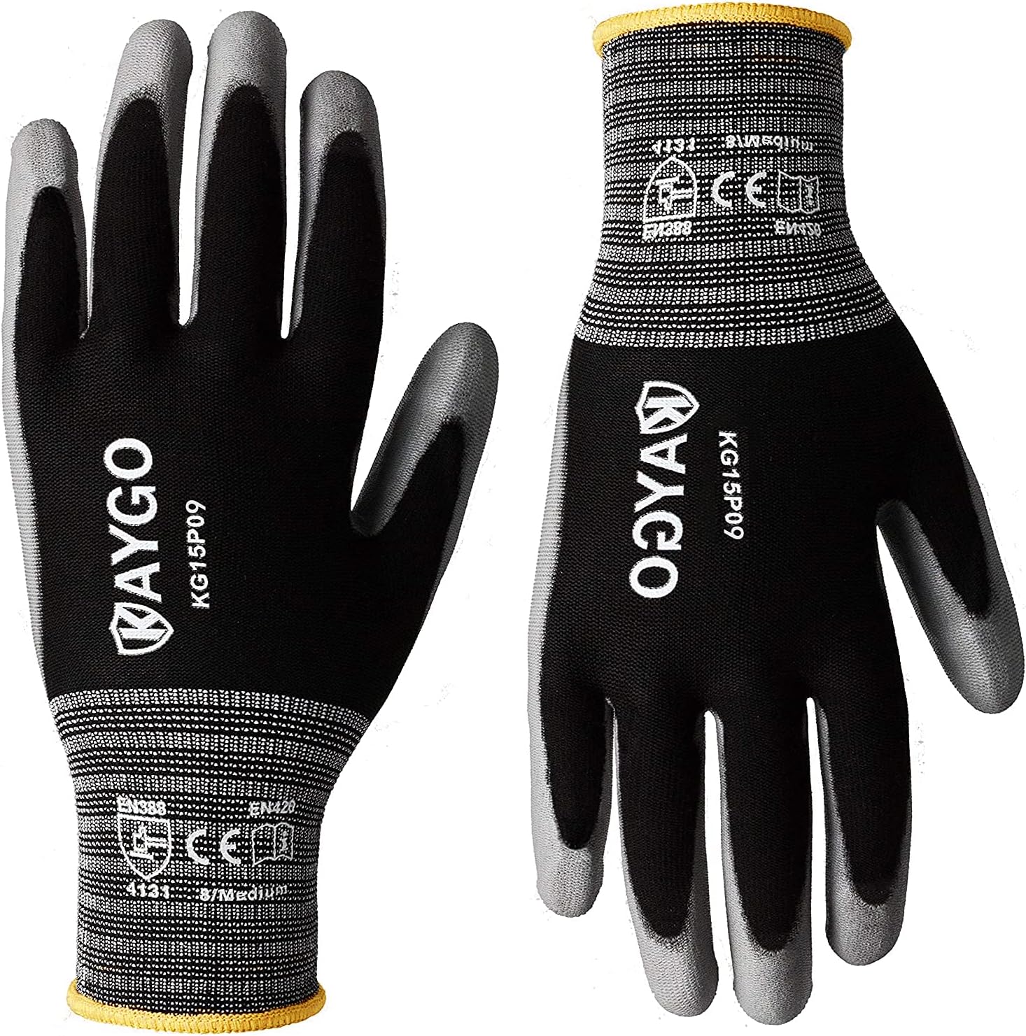 Work Gloves PU Coated-12 Pairs, KAYGO KG15P, Nylon Lite Polyurethane Safety Work Gloves, Gray Polyurethane Coated, Knit Wrist Cuff, Ideal for Light Duty Work (Large, Black) - - 