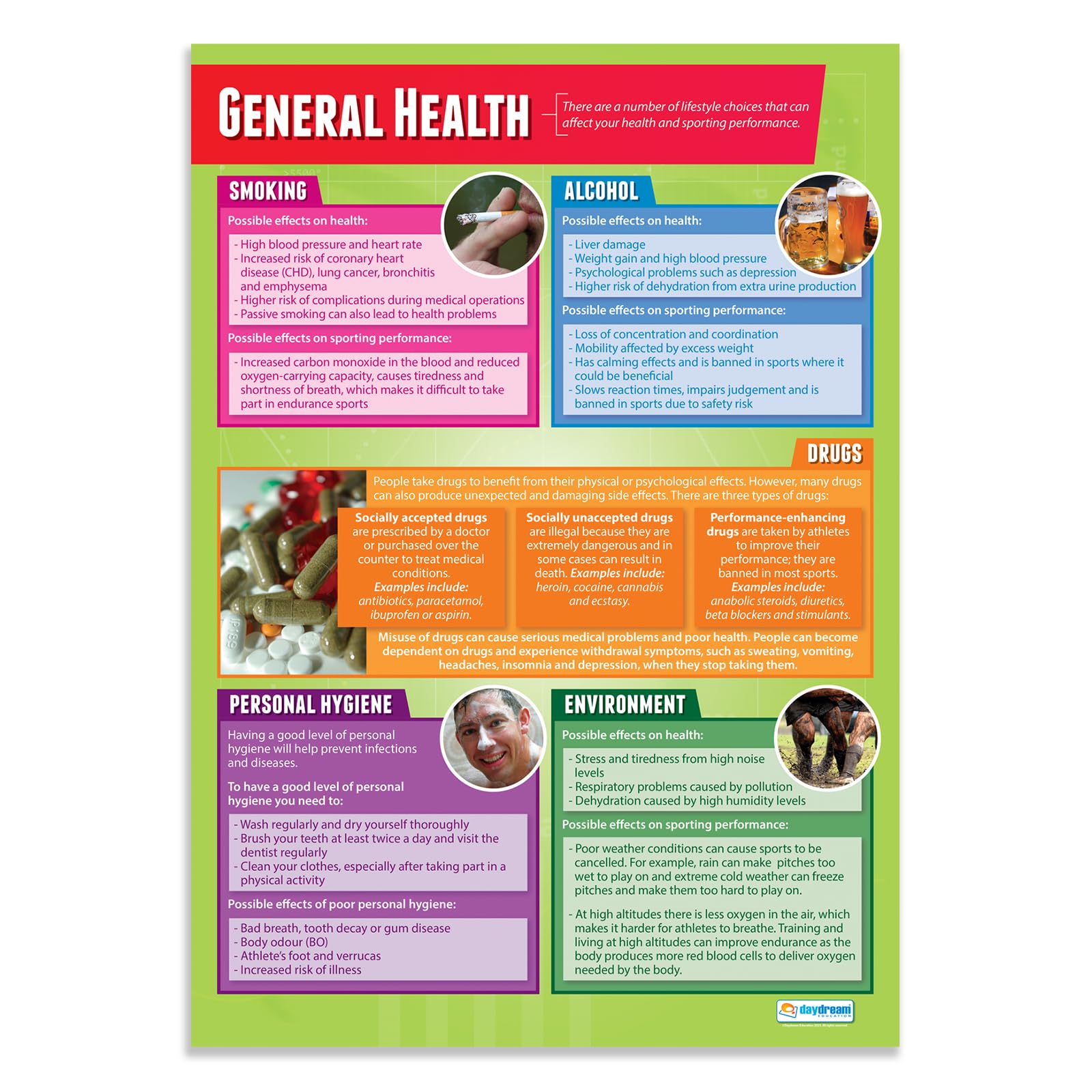 Daydream Education General Health | PE Posters | Laminated Gloss Paper measuring 850mm x 594mm (A1) | Physical Education Charts for the Classroom | Education Charts