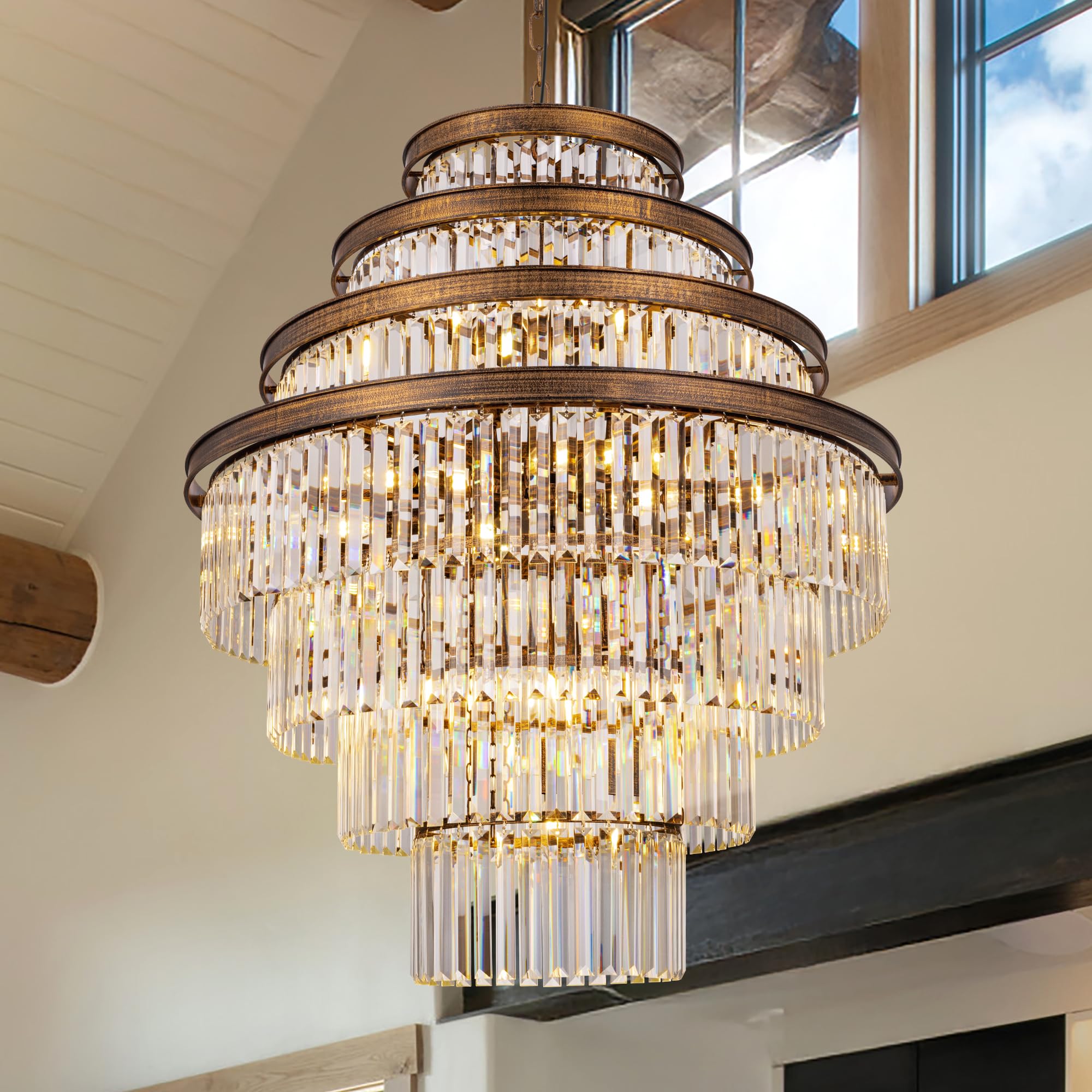 Photo 1 of Wellmet Large Crystal Chandelier, Luxury 7-Tier Chandelier, Antique Gold Crystal Pendant Light for Living Room, Dining Room, Porch, Entryway, Hallway, Restaurant, 31''W
