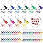 Ferreve 100 Pcs Jesus Loves You Acrylic Keychains with Tassels Christian Gifts Bulk Operation Christmas Supplies Religious Keychain for Women Church Christian Gift