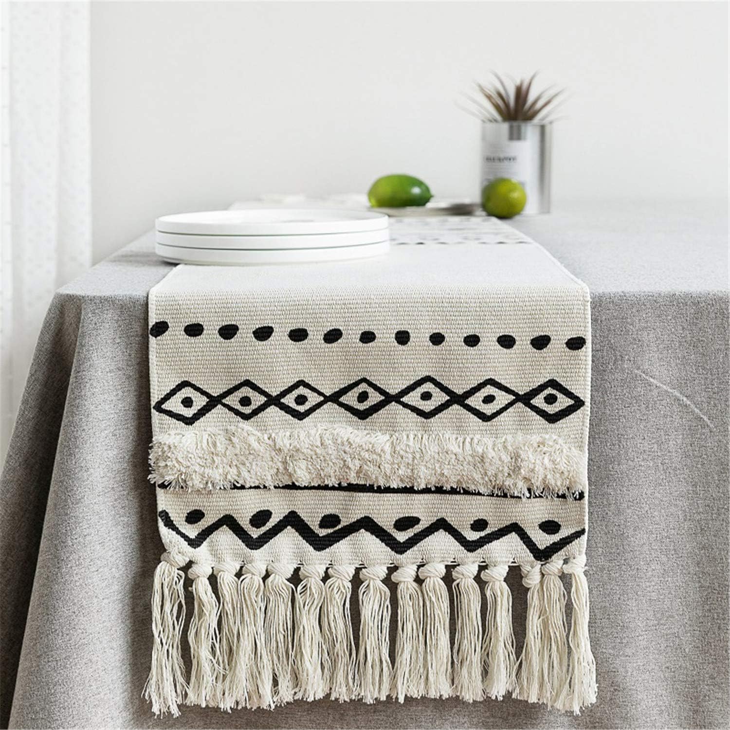 Newisher Black and White Bohemian Cotton Handmade Woven Tufted Geometric Pattern Table Runner Tassels for Living Room Kitchen Party Wedding Decoration 86 Inch
