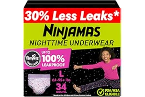 Ninjamas Girls Bedwetting Nighttime Underwear, Size L (64-95+ lbs), 34 Count, Overnight Protection, Ultra Absorbent, Hypoallergenic
