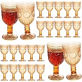 24 Pack Vintage Wine Glasses, Plastic Reusable 12 Ounce Colored Water Goblets, Unique Flower Embossed Pattern Unbreakable Stemmed Wine Glasses High Clear Wedding Party Bar Drinking Cups Amber