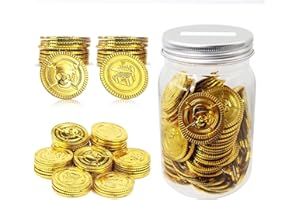 Mczxon Plastic Gold Pirate Coins 100 Pcs, Pirate Treasure Play Golden Toy Coins Bulk with Mason Jar, Small Plastic Play Gold Prop Pretend Pirate Tokens Coins Toy for Kids Party