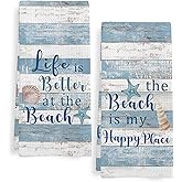 GWFSJYU Beach Coastal Kitchen Towels, Beach is My Happy Place Dish Tea Towels for Kitchen, Summer Ocean Decorative Hand Towels for Bathroom, Coastal Bathroom Decor, 16x24 Inch