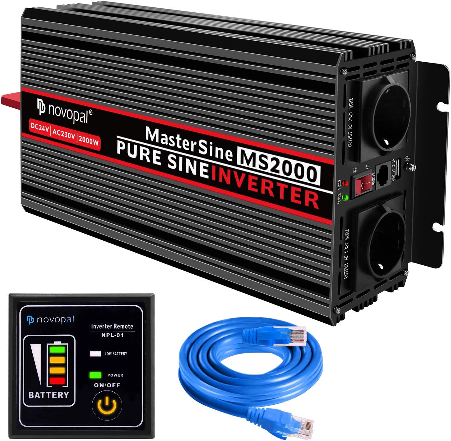 novopal Convertisseur 2000W Pur Sinus Onduleur 12V à 220V/230V avec