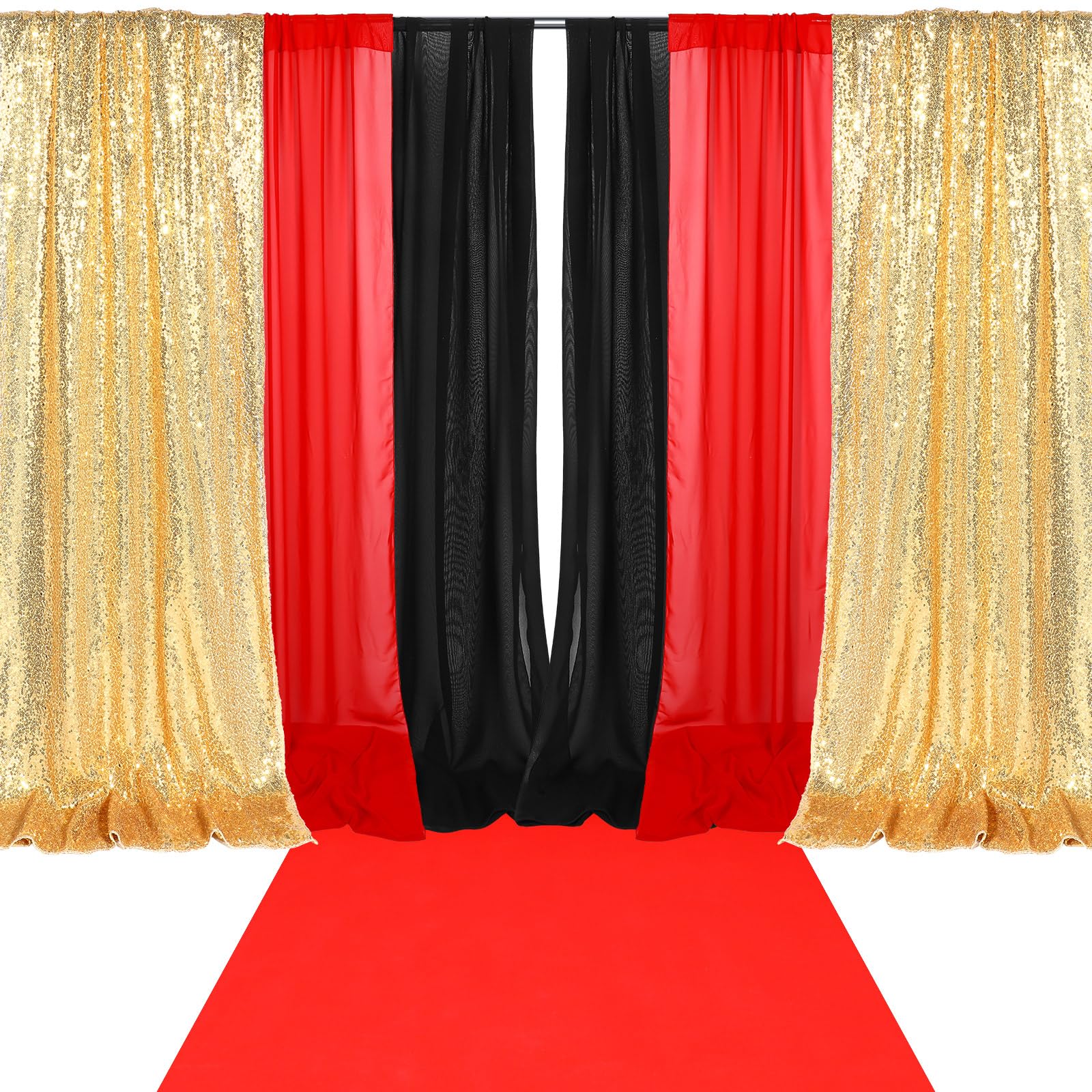 Photo 1 of 7 Pcs Sequin Backdrop Curtains 2ft x 8ft Sequin Photo Background Curtain Stage Door Entrance Runner Cover Photography Accessory for Wedding Birthday Movie Night Theme Party Decoration(Gold,Black,Red)