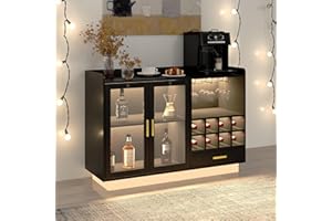 COCO DESIGN Modern Wine Bar Cabinet with LED Light & Locked Fluted Door, Black Floating Coffee Bar with Power Outlets & Glass Rack, Buffet Sideboard with Removable Wine Rack and Drawer for Living Room