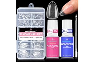MYSTER ROSEY Nail Art Kit with Glue, Nail Polish Remover, and Short Almond Nails Tips 120pcs, 4 in One Nail Glue Debonder Fake Nails Stainless Steel Stick, 1 Pack