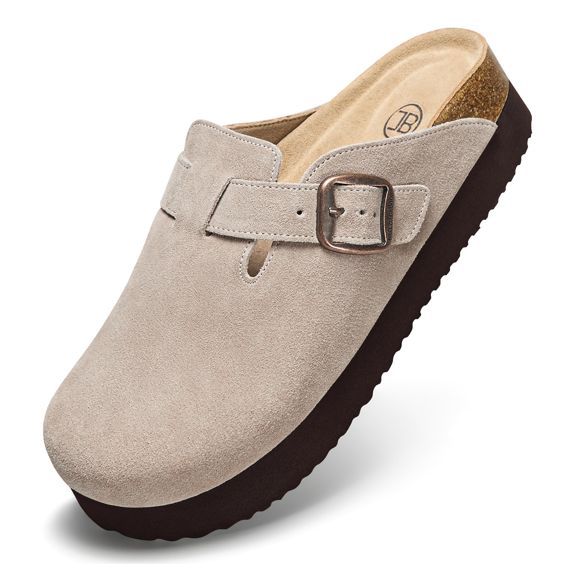Photo 1 of Brelzo Calvior Platform Clogs for Women Arch Support Suede Clogs Soft Mules Potato Shoes Casual Slipper Sandals with Adjustable Buckle, Non-Slip, Tan Size 10 W