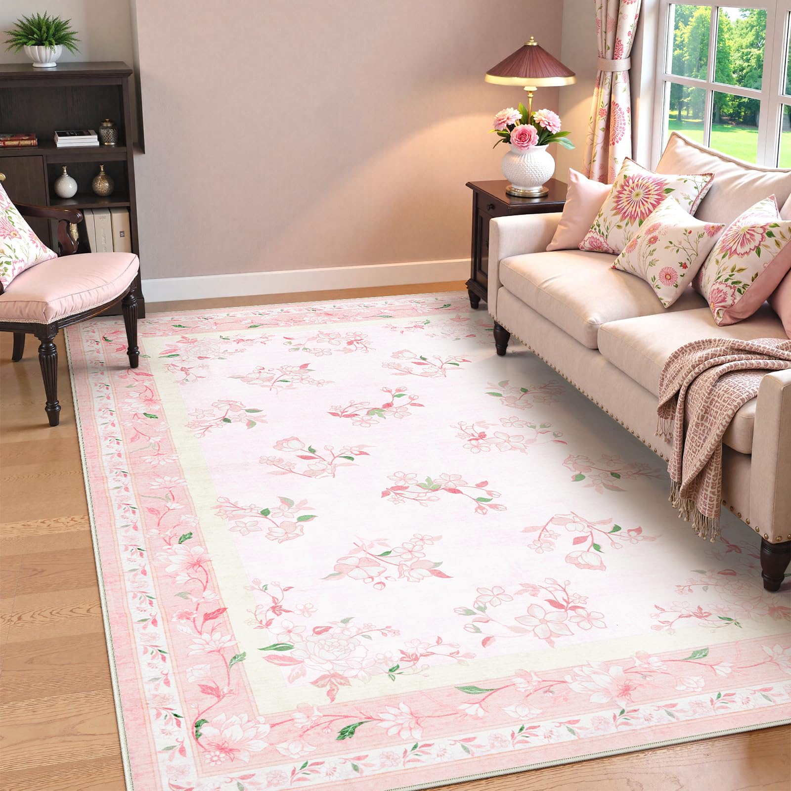 Photo 1 of LIVEBOX 5x7 Soft Boho Nursery Rug for Baby Girl, Light Faux Wool Pink Rug Non-Slip, Ultra-Thin Machine Washable Area Rugs for Girls Room, Non-Shedding Floral Rugs for Dining Room