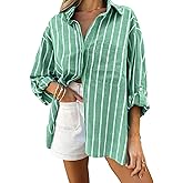 Falainetee Women's Long Sleeve Striped Button Front Pocket Blouse Tops