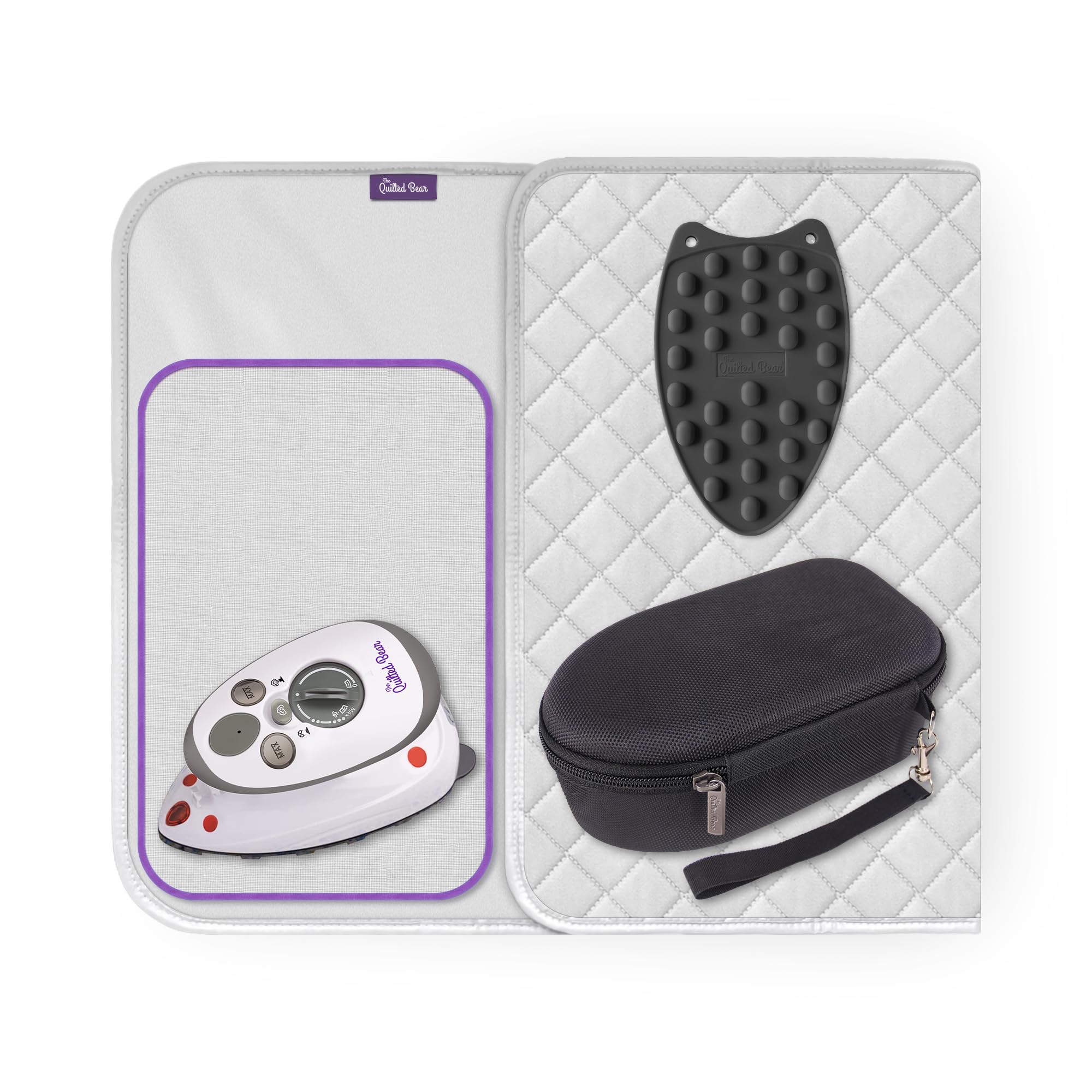 Photo 1 of The Quilted Bear Mini Iron, Iron Rest & Ironing Mat - Lightweight Mini Steam Iron with Hard Shell Travel Case, Heat Resistant Silicone Iron Rest & Travel Ironing Mat (Black)