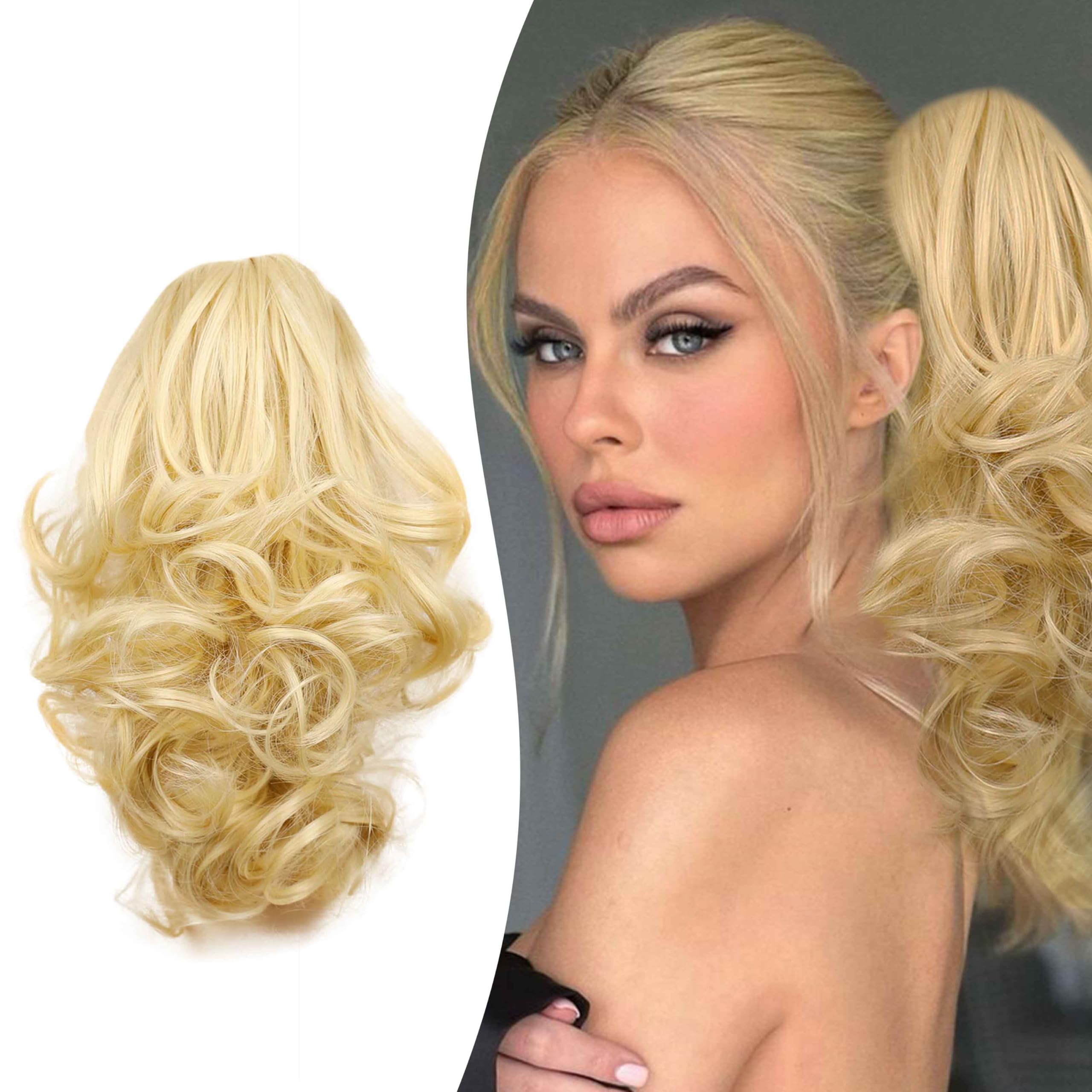 Gairyan 10" Clip in Ponytail Hair Extensions Curly Ponytail Extension Claw on Pony tails Wavy Synthetic Hairpieces for Women Real Natural Short Wave, Light Blonde mix Bleach Blonde — image 1
