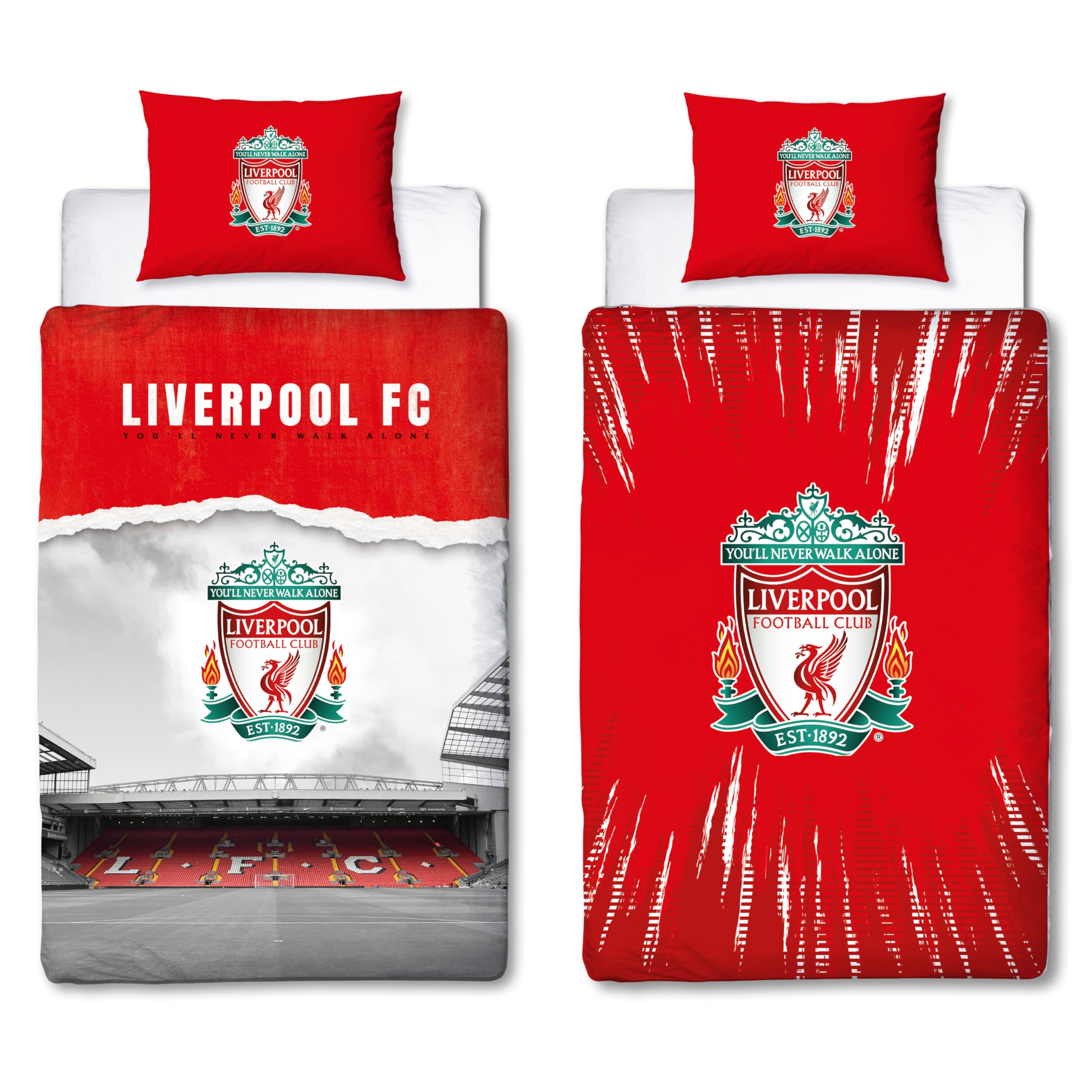Liverpool FC Official Single Duvet Cover Set, Walk Alone Design | Red Reversible 2 Sided Football Stadium Bedding Cover Official Merchandise Including Matching Pillow Case