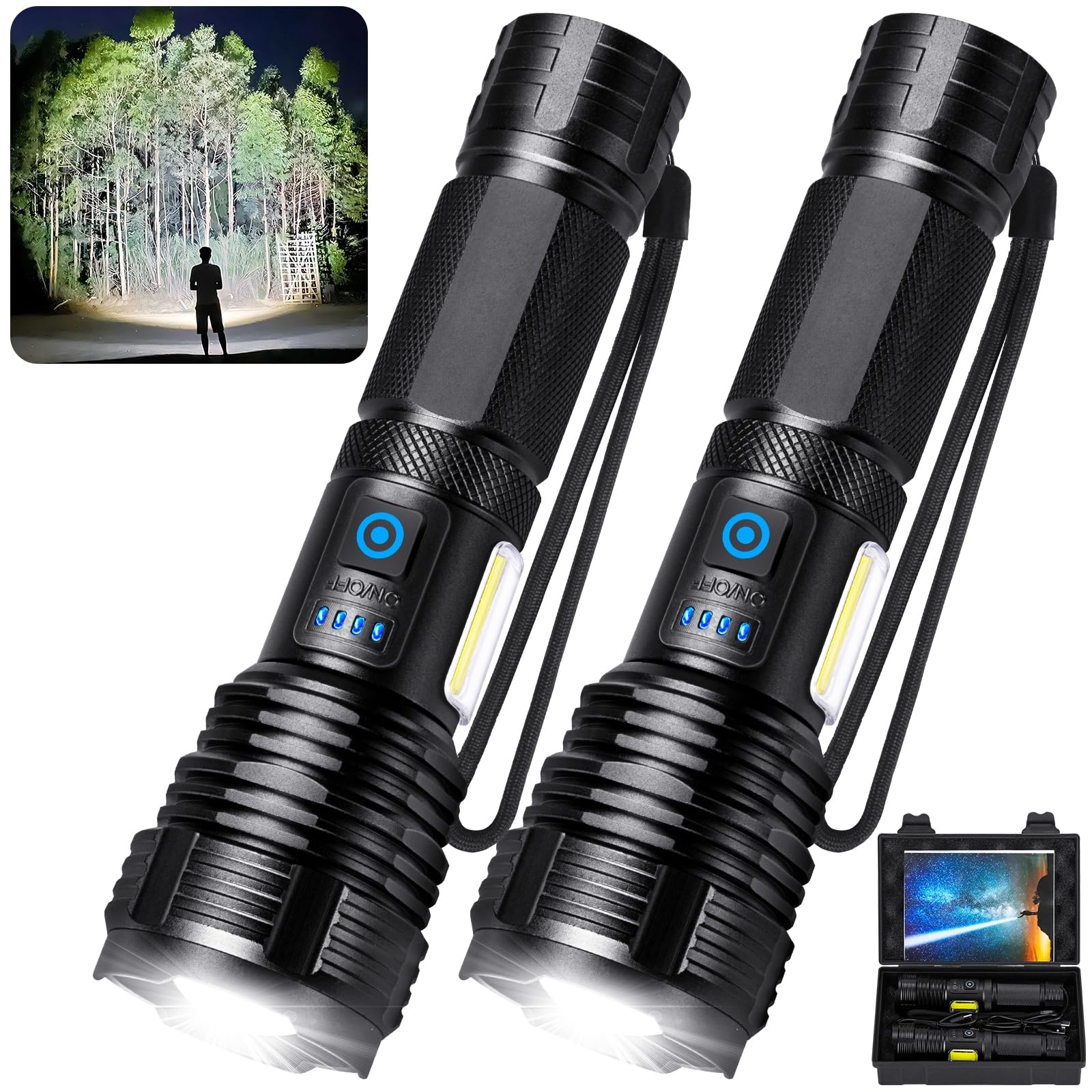 Photo 1 of Flashlight Rechargeable Flashlights High Lumens, 99,000 LM Bright LED Flashlight Powered Flash Light, USB Rechargeable Flashlights & Waterproof Handheld Flash lights for Home Camping Hiking(2 Pack)