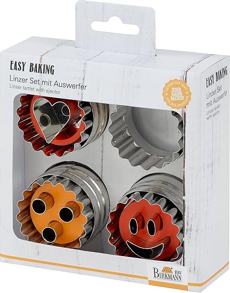 Birkmann 143944 Linzer-Set mit Auswerfer, 4-tlg.: 3 Löcher, Smile, Herz und Außenring