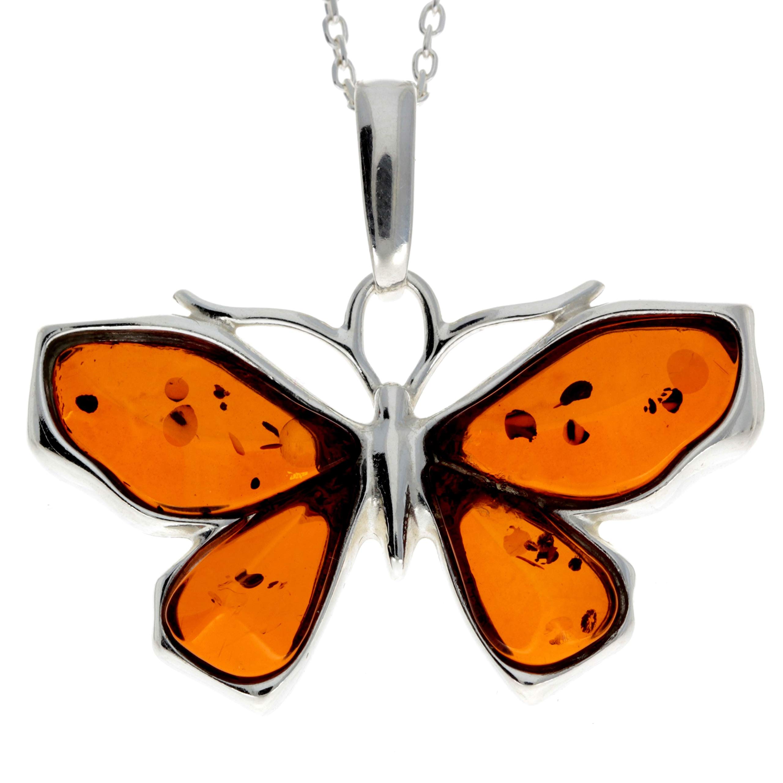 Genuine Cognac Baltic Amber & Sterling Silver Exclusive Butterfly Pendant without Chain - AD217C