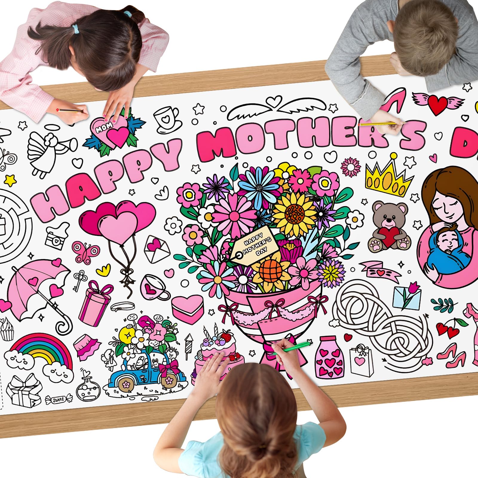 AYESY Mothers Day Colouring Tablecloth for Kids, 72 x 30 inch DIY Party Tablecloth, Giant Colouring Poster Table Cloth for Kids, Boys Girls Birthday Gift, Craft Doodle Art — image 1