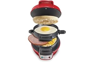 Hamilton Beach Breakfast Sandwich Maker with Egg Cooker Ring, Customize Ingredients, Perfect for English Muffins, Croissants, Mini Waffles, Perfect White Elephant Gifts, Red (25476)