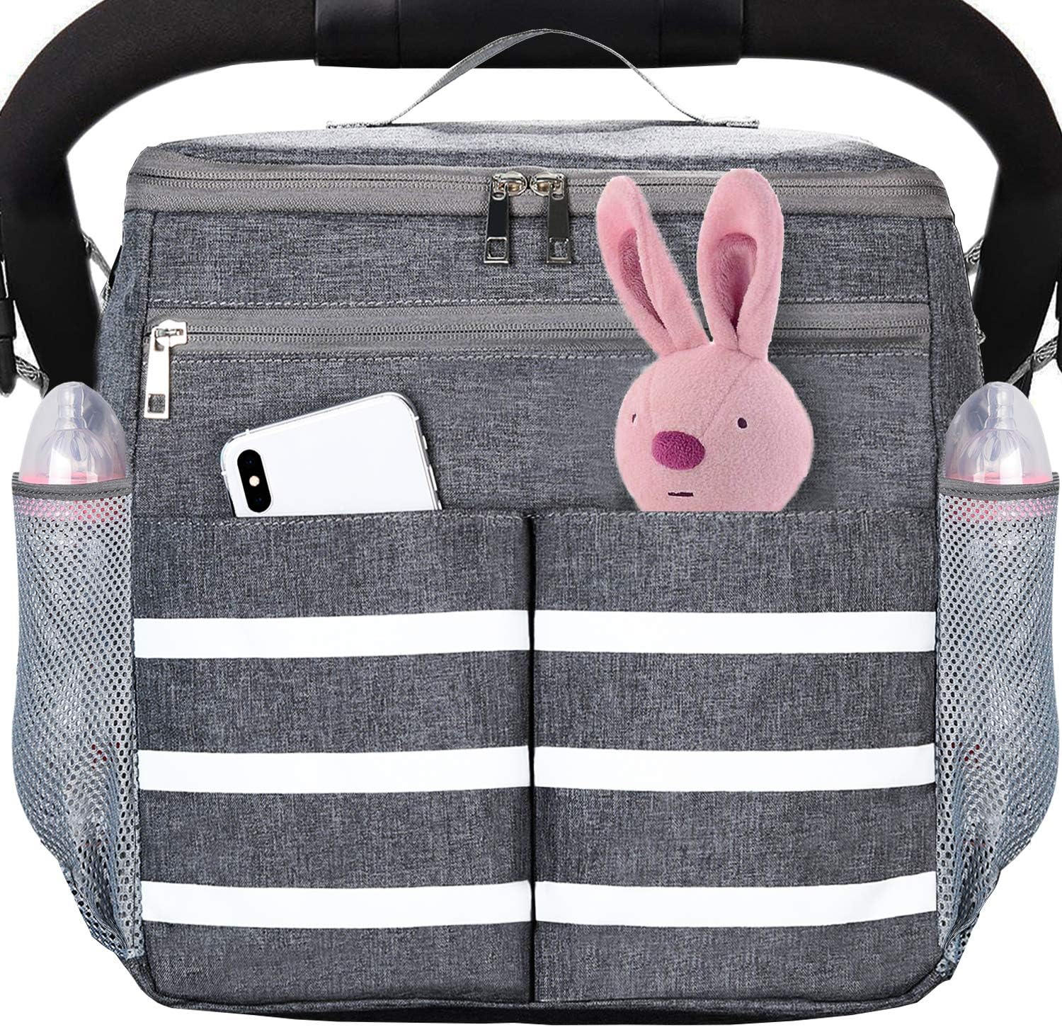 Parents Stroller Organizer Travel Bag with Shoulder Strap Insulated Bottle Holder Lightweight Design Storage Pockets for Bottles,Diapers,Toys,Saliva Towel-Fits All Baby Stroller Models (White Stripe)