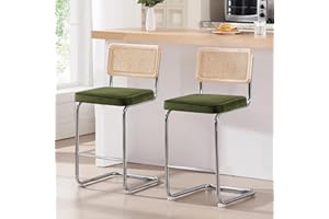 Zesthouse Natural Rattan Bar Stools Set of 2, 26'' Modern Boho Counter Height Bartools with Solid Wood Back, Mid Century Counter Stools with Velvet Cushion, Cane Back Island Chairs for Kitchen, Green