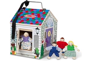 Melissa & Doug Take-Along Wooden Doorbell Dollhouse - Doorbell Sounds, Keys, 4 Poseable Dolls - Portable, Doorbell House For 