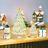 HDCRYSTALGIFTS Set of 4 Mini Blown Glass Christmas Figurines Collectible Miniatures Glass Christmas Tree & Snowman & Gift Box Ornaments Festival Gifts for Winter Holiday Home Tabletop Decor