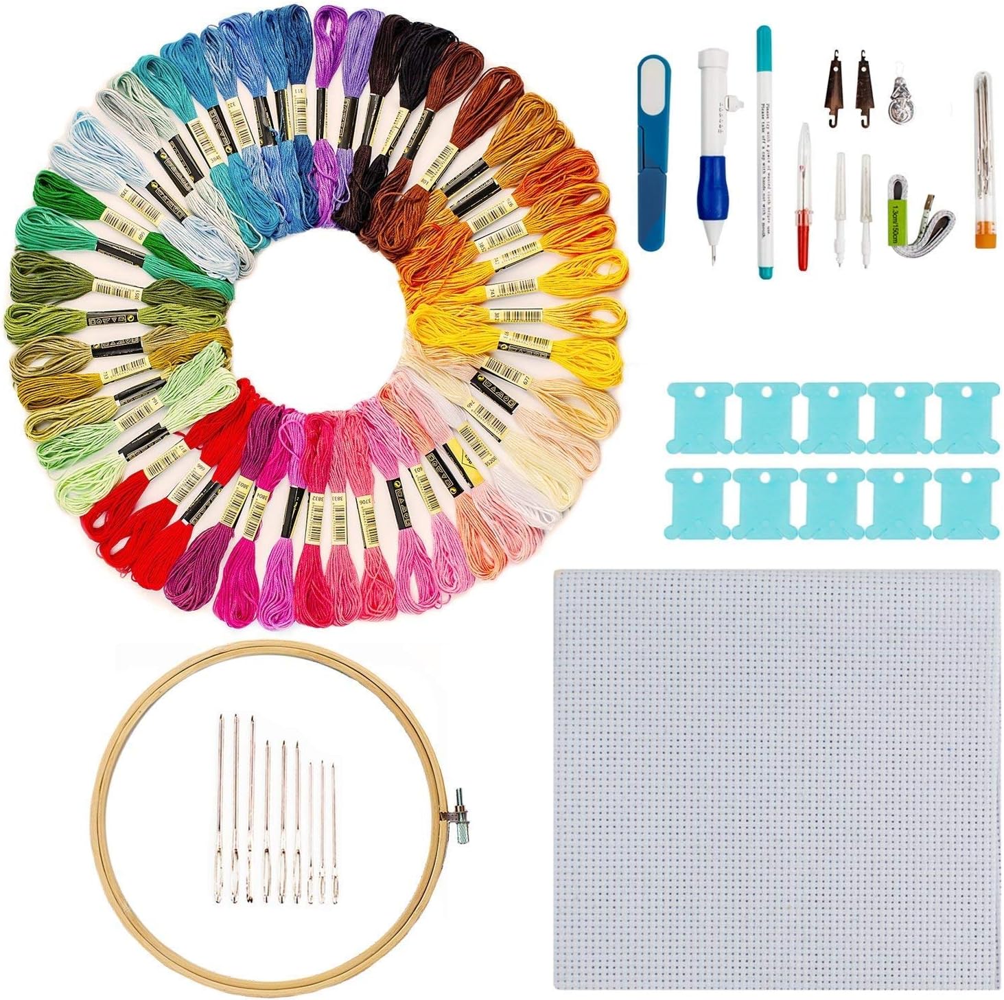 Aeoss Hand Embroidery Starter Kit, 50 Premium Rainbow Color Embroidery Floss, Craft Cross Stitch Threads Tool Including Magic Pen, Bamboo Embroidery Hoops for DIY Sewing Knitting Knit Crochet