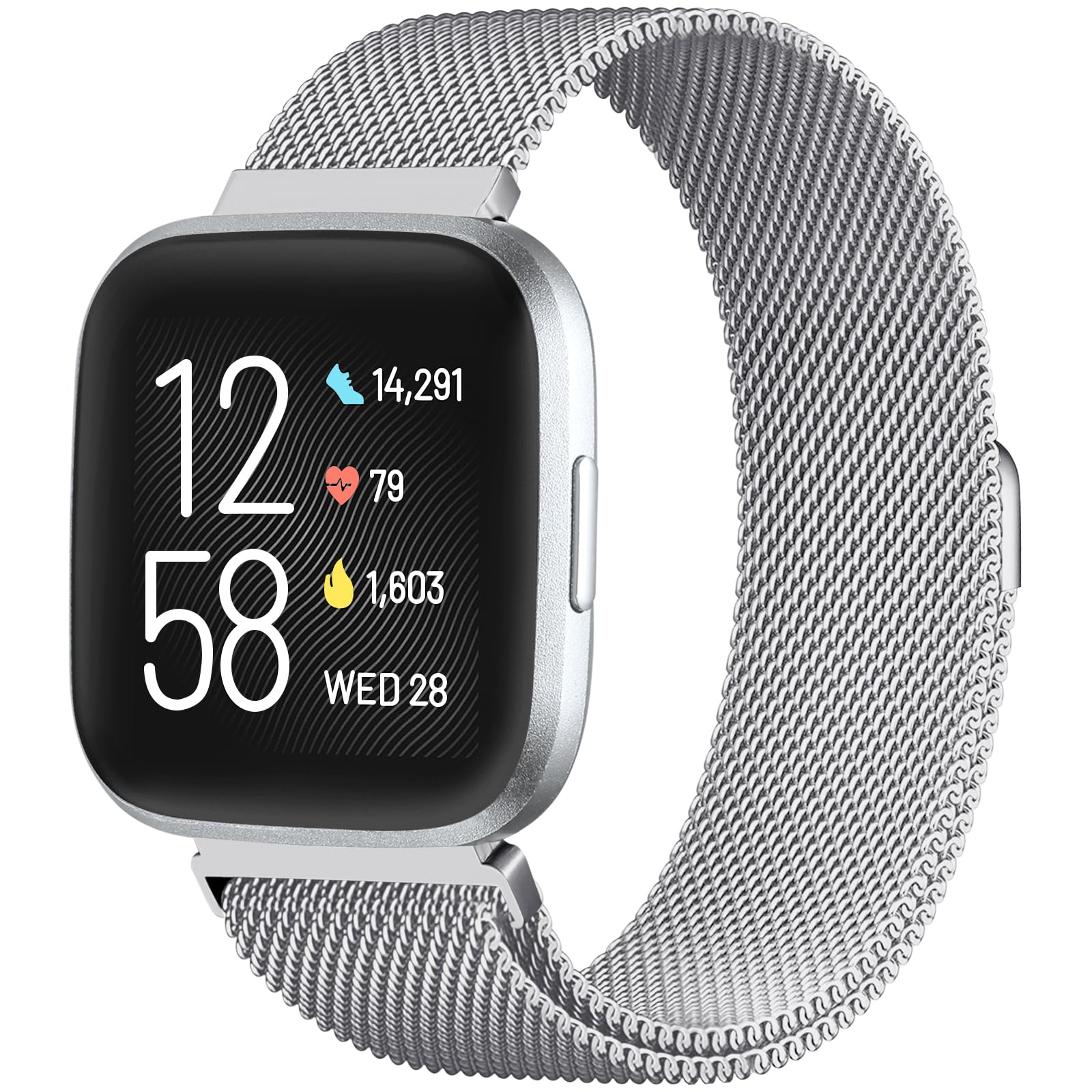 ZWGKKYGYH Compatible with Fitbit Versa & Versa 2 Bands, Stainless Steel Mesh Metal Band for Women & Men, Silver Large