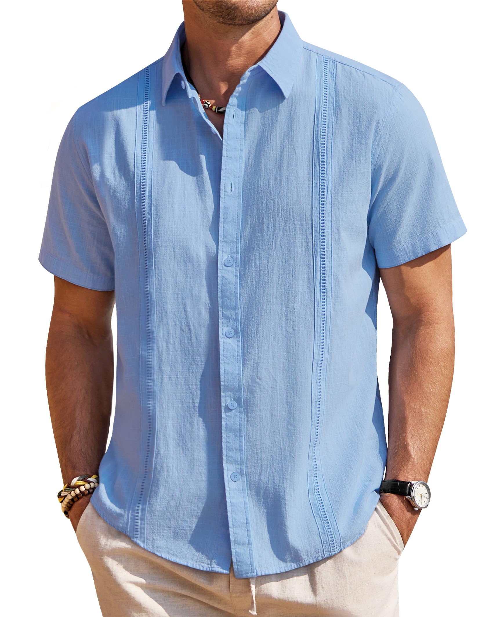 Photo 1 of 3XL-Mens Linen Shirts Short Sleeve Button Down Shirt Casual Cuban Guayabera Lightweight Summer Beach Solid Tops