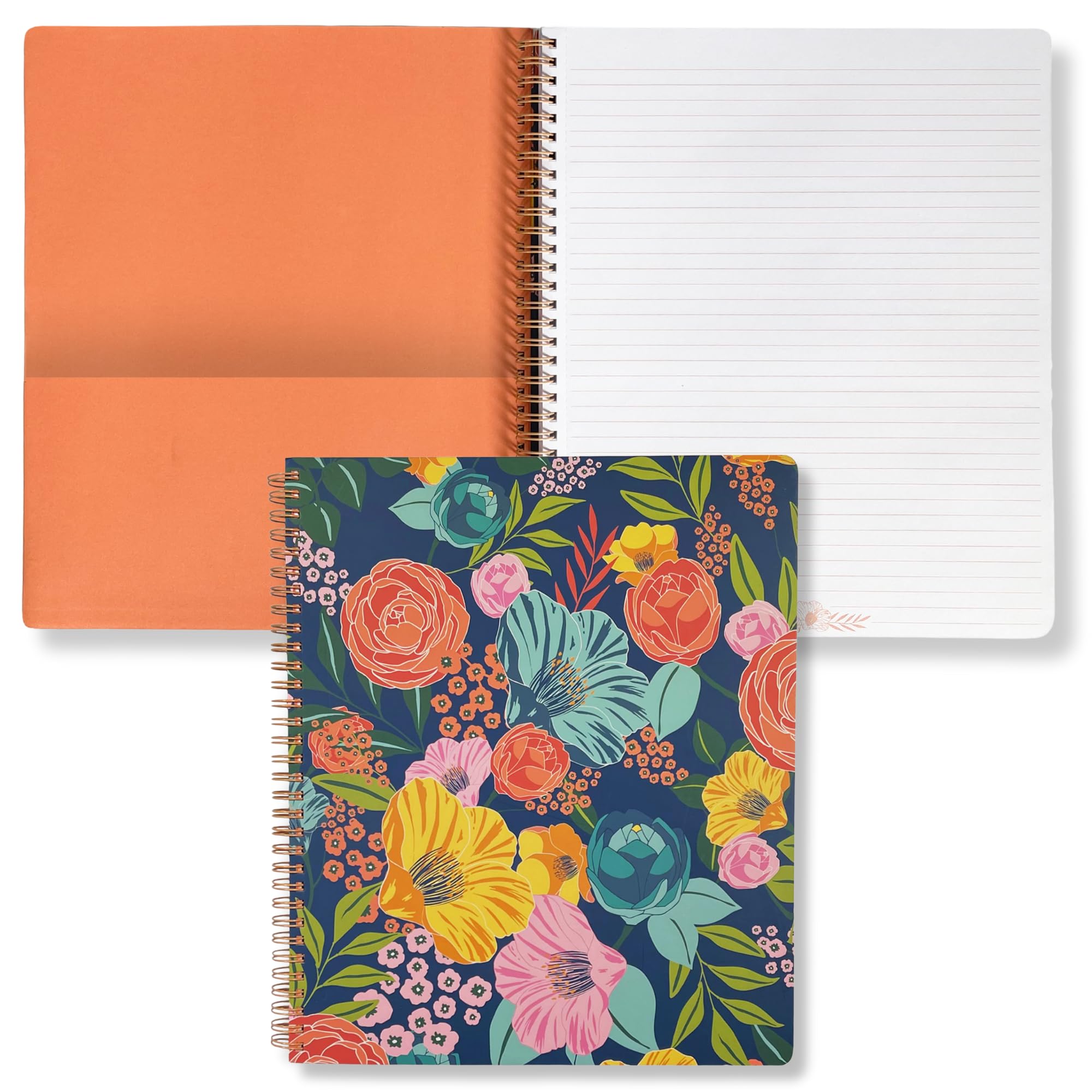 Steel Mill & Co Cute Floral Large Spiral Notebook College Ruled, 11" x 9.5" with Durable Hardcover and 160 Lined Pages, Garden Blooms (Navy)