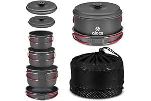 Alocs Camping Cookware, Aluminum Camping Cooking Set Camp Kitchen, Portable Camping Pots and Pans Set Essentials Mess Kit for Backpacking, Outdoor Cooking and Picnic
