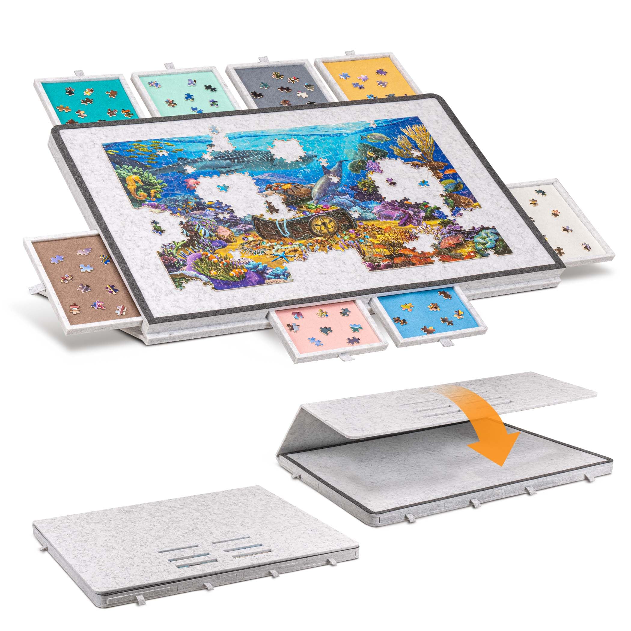 Becko US Tilting Puzzle Board with 2-in-1 Designed Stand & Cover, Lightweight Felt Storage Case with 8 Drawers, Portable Jigsaw Puzzle Table for Games Up to 1500 Pieces