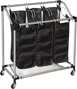 Hamilton Beach 83100 3 Section Laundry Sorter and Hamper 3 Mesh Machine-Washable Bags with Handles and Wheels, Black