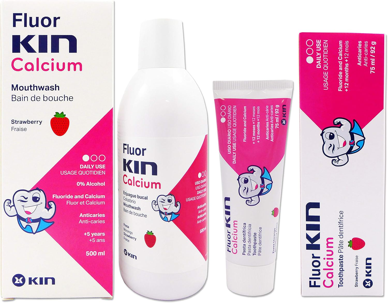 Amazon Com Fluor Kin Calcium Bundle Pasta De Dientes Y Boca De Lavado Sabor De Fresa Para Ninos Health Personal Care