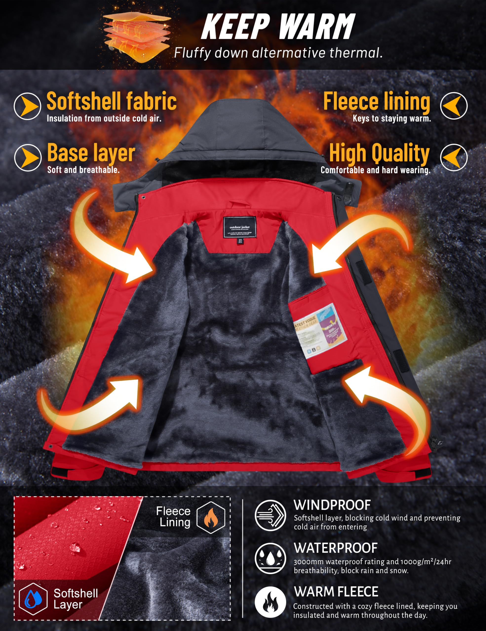 TACVASEN Mens Skiing Jacket with Hood Snowboard