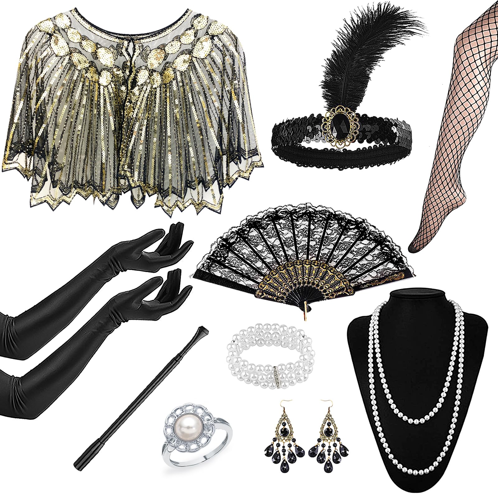 Ravzlyz 1920s Flapper Accessories Set, Great Gatsby Accessories Set Roaring 20's Theme Outfit with Sequin Fringed Beaded Shawl Headpiece 20s Vintage Accessory for Women Ladies Carnival Retro Party