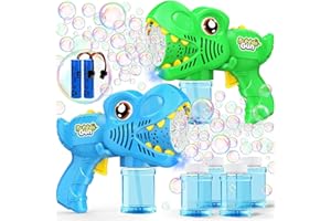YUNAKING Kids Bubble Gun 2 Pack Dino Bubble Machine Gun for Toddlers with 4 Solutions Automatic 13-Hole Bubbles for Kids Blower Maker Easter Basket Essentials Stuffers Valentines Gift Party Toys for Boys Girls