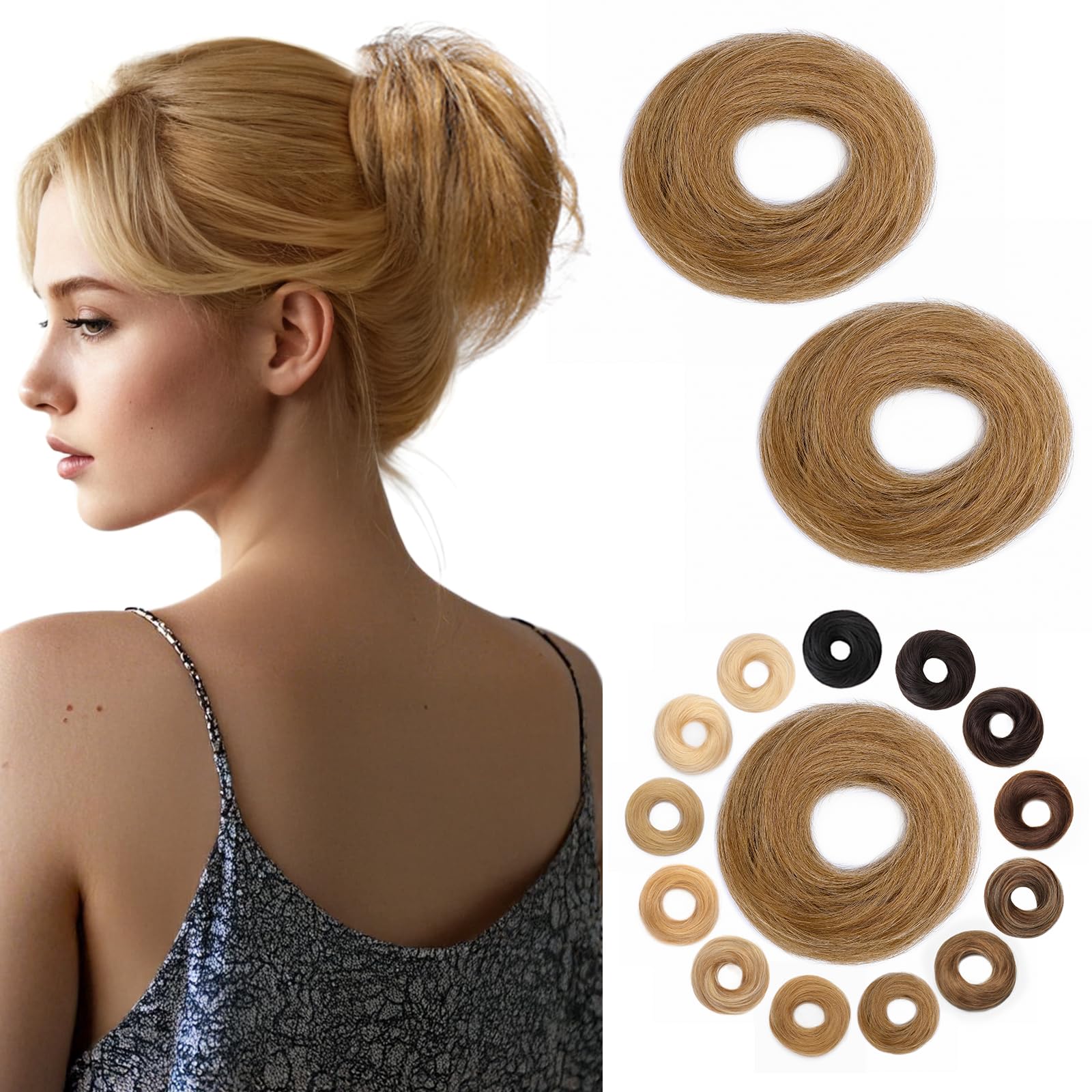 Photo 1 of Hairro Human Hair Messy Bun, 100% Real Ponytail Hair Scrunchies, Natural Curly Chignon Fluffy Donut Updo, Hairpiece with Elastic Rubber Band for Women, 2 Count Golden Brown Straight