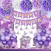 Purple Birthday Decorations, Happy Birthday Party Decorations with Happy Birthday Banner Butterfly Purple Balloons Pom Poms Foil Fringe Curtain for Party Birthday Decor