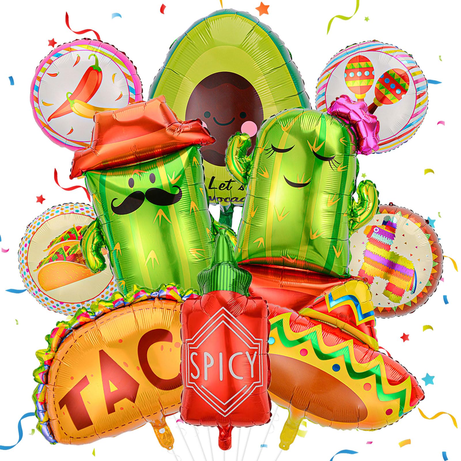 Photo 1 of 10 Pcs Fiesta Balloons Mexican Taco Cactus Avocado Sombrero Llama Spicy Bottle Foil Balloons Cinco De Mayo Fiesta Party Decorations