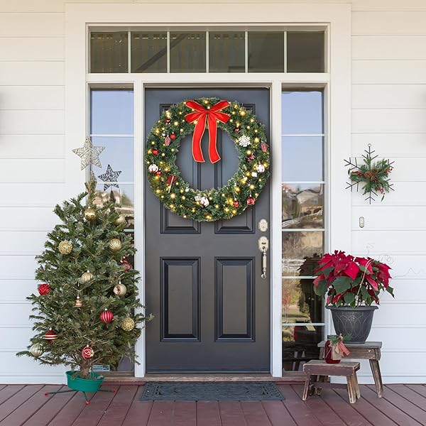 VINGLI PRE-LIT ARTIFICIAL CHRISTMAS WREATH FOR FRONT DOOR, WINDOWS, GREEN CHRISTMAS WREATH DECORATIONS WITH FORESTED BRANCHES, XMAS WREATH W/BOW, PINE CONES, ORNAMENTS, REMOTE CONTROL, TIMER, 36 INCH