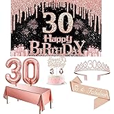 30th Birthday Decorations for Her with Banner, Rose Gold Tablecloth, Number Balloons, 30th Birthday Sash and Tiara, Cake Topper and Candles