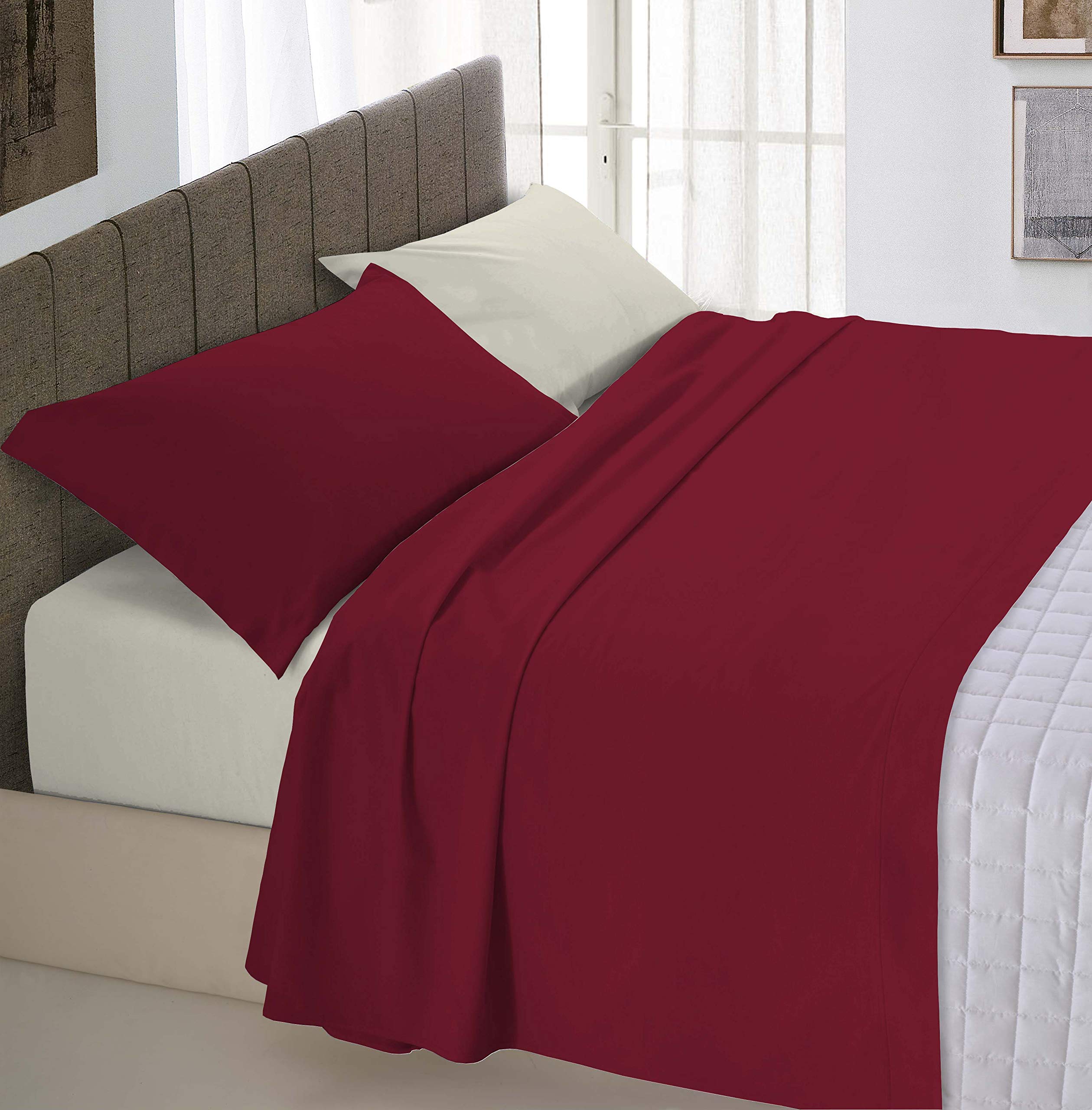Italian Bed Linen Natural Colour Bed Sheet Set, Cotton, Bordeaux/Cream, Small Double