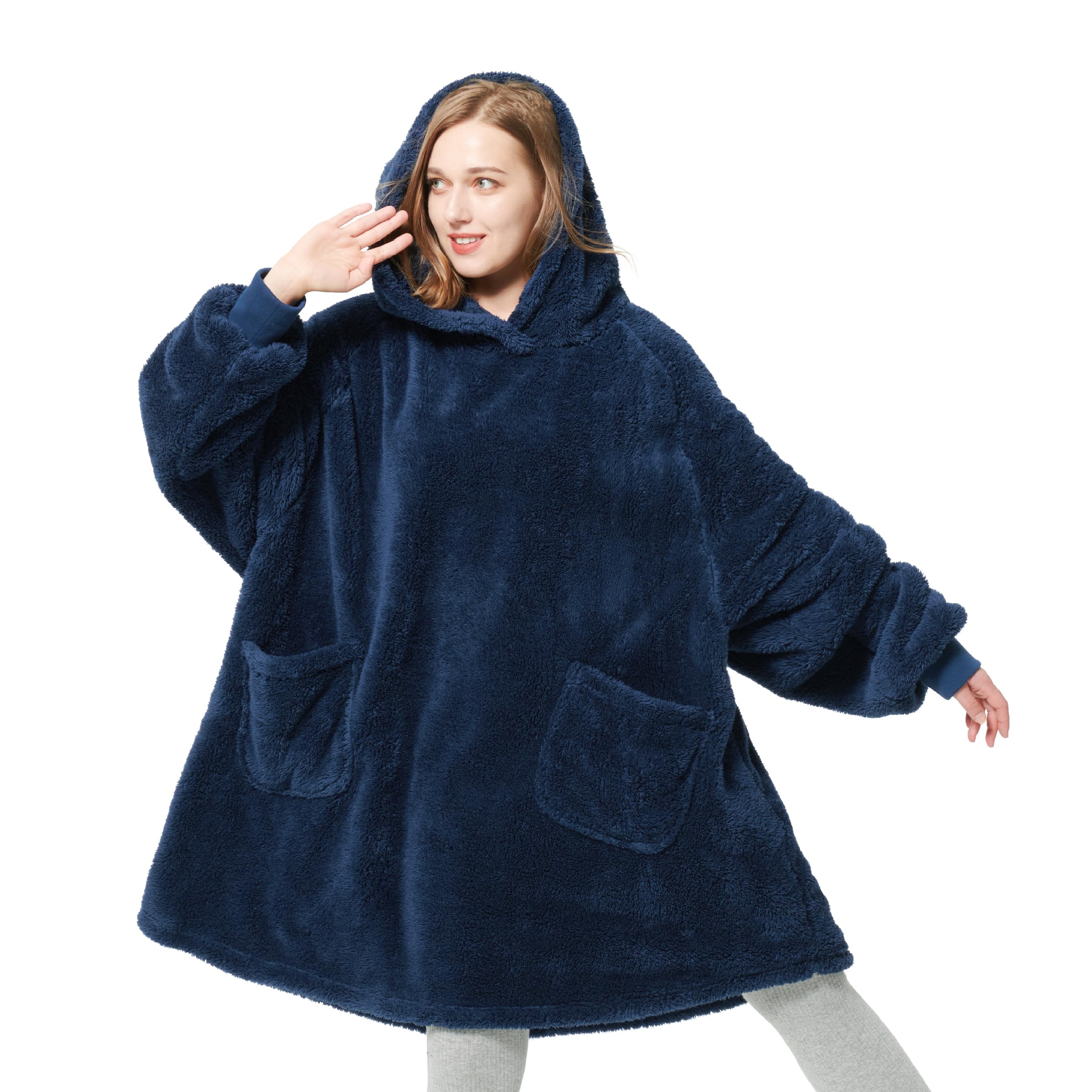 Bedsure Wearable Blanket Hoodie Women - Fluffy Fleece Hoodie Blanket for Men, Warm & Cozy Gifts for Women Men Her Mum, Navy Blue, L — image 1